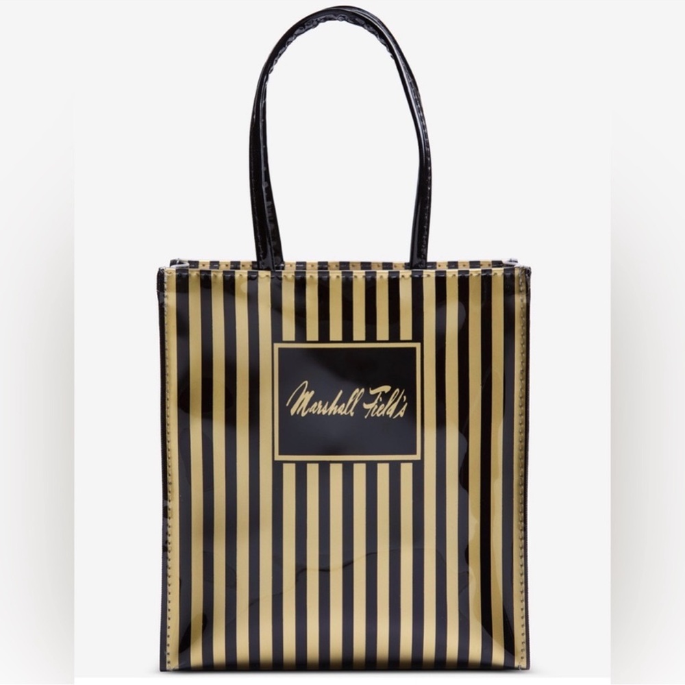 Iconic Marshall Field’s logo striped vinyl tote